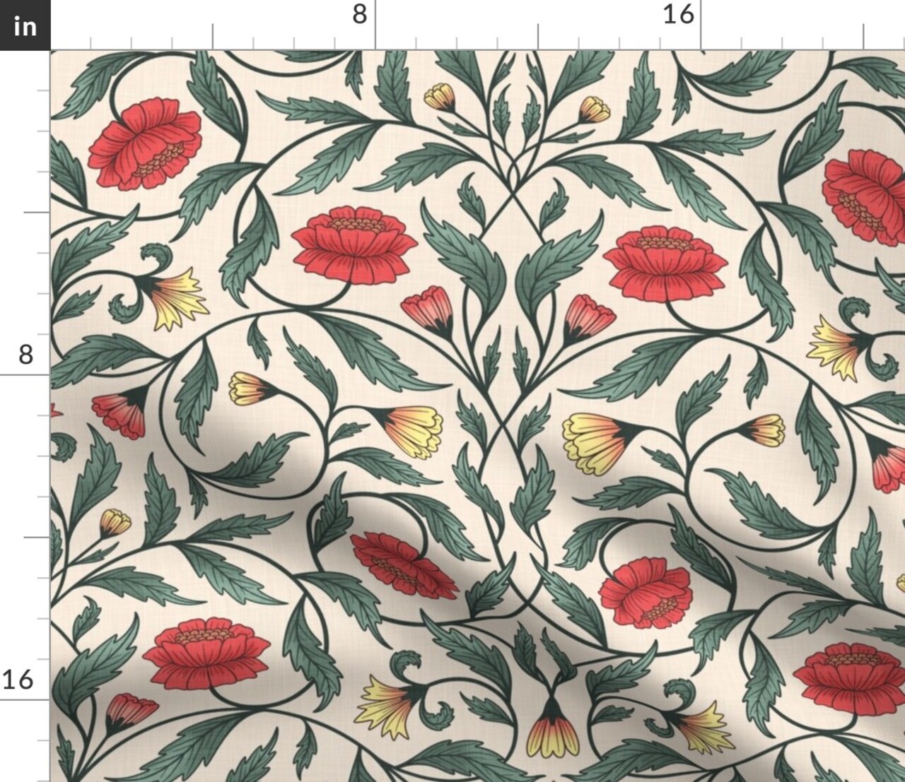 Art Nouveau Hand Drawn Floral Garden Traditional Red Roses Arts And Crafts Custom Printed Fabric by Spoonflower Various Fabrics by the Yard or Fat Quarter